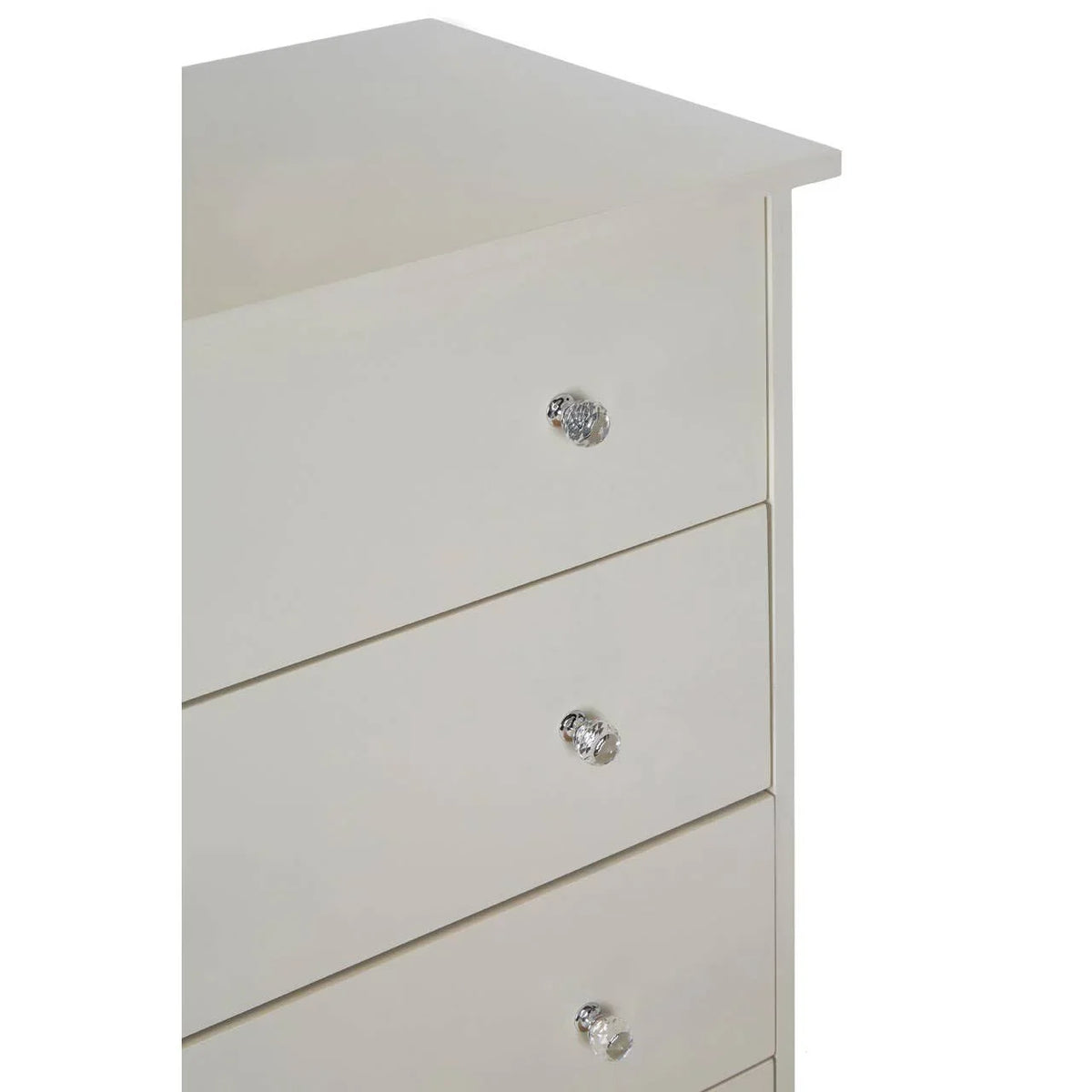 White chest of drawers with crystal knobs, close-up of top three drawer fronts