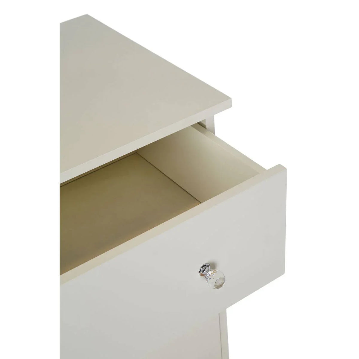 Cream bedside table with crystal handle and open top drawer, angled view