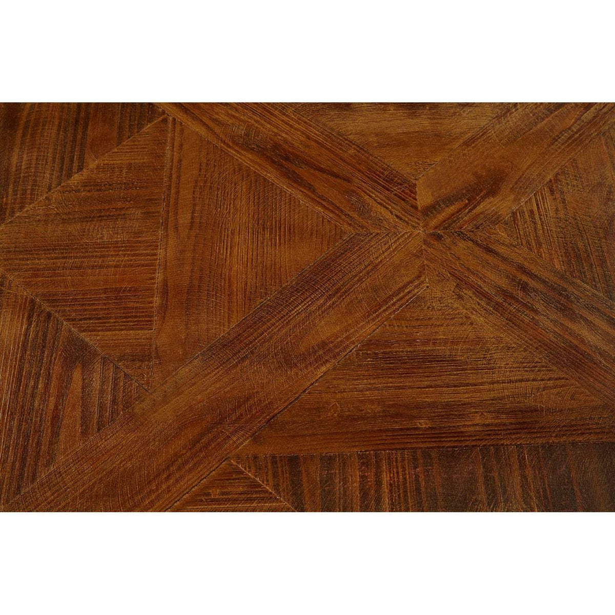 Close up of patterned solid wood dining table top with rich brown finish