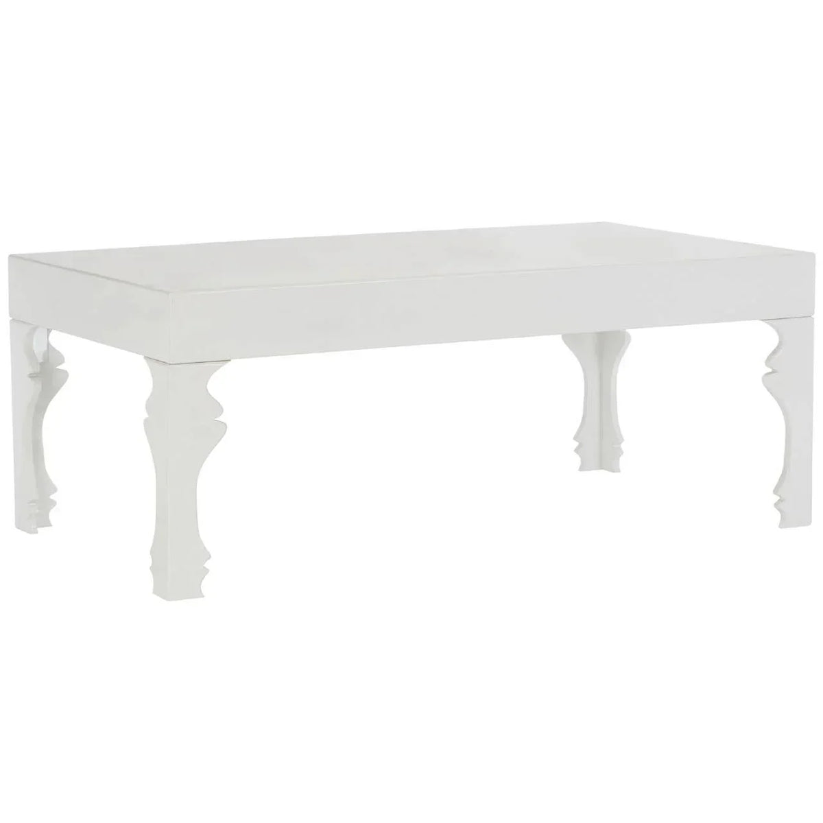 White wooden coffee table with decorative carved legs on white background
