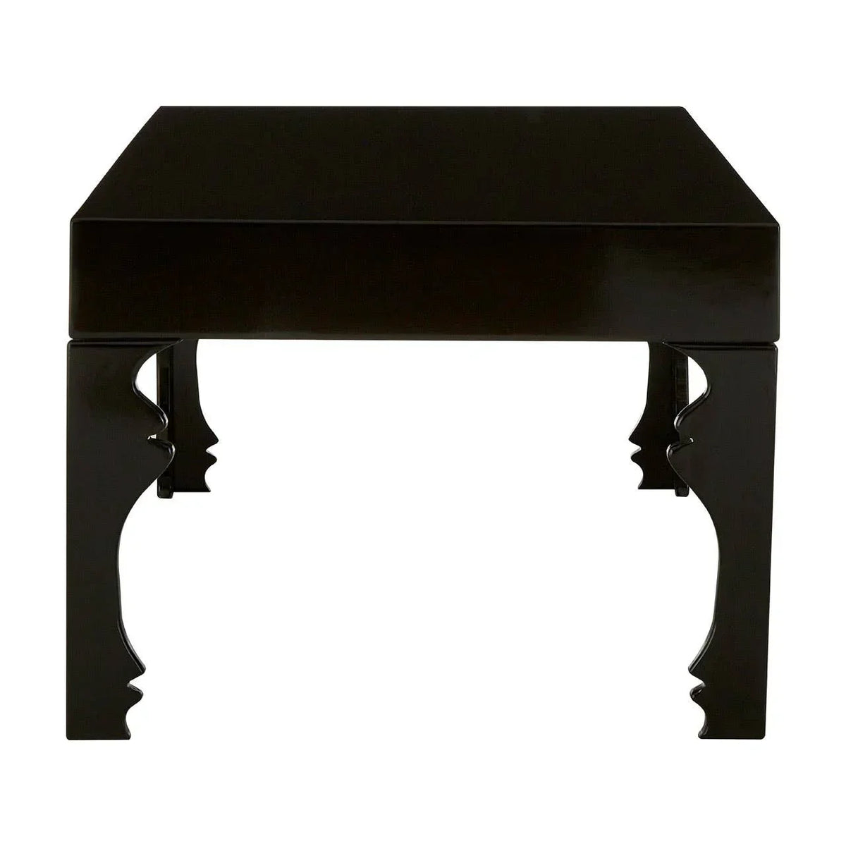 Black wooden side table with square top and sculpted profile legs, front view
