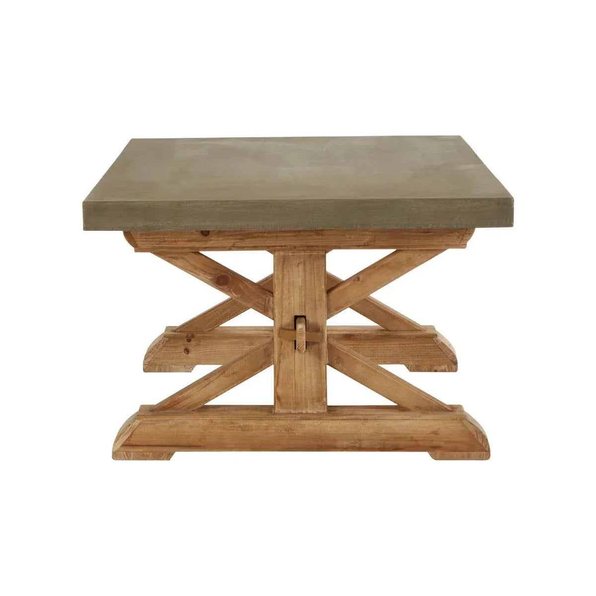 Rustic wooden dining table with thick grey top and X-frame base, front view