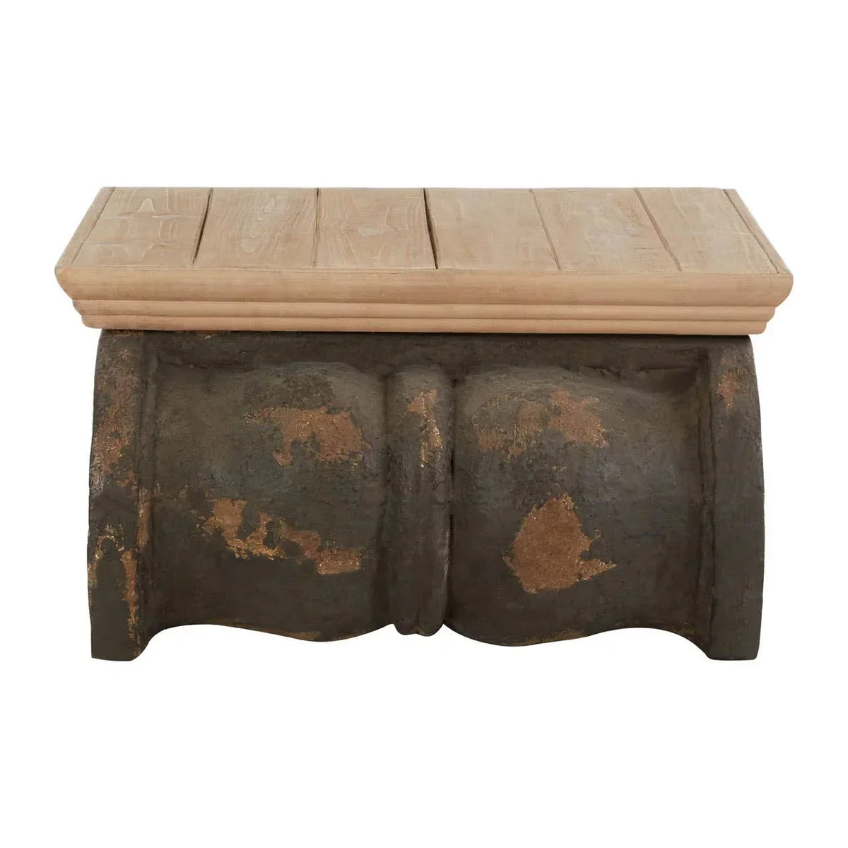 Rustic wood coffee table with a distressed dark base and light wooden plank top