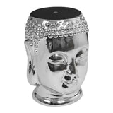 Silver ceramic Buddha head side table with glossy finish and black top