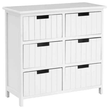 White wooden chest of six drawers with panelled fronts and cut-out handles