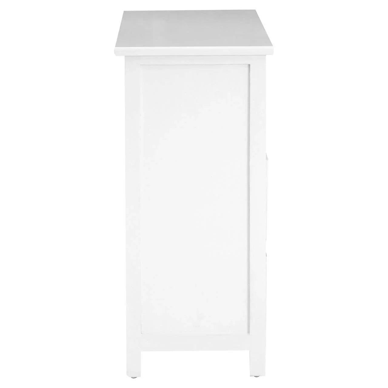 Side view of white wooden cabinet with flat top and panel detailing