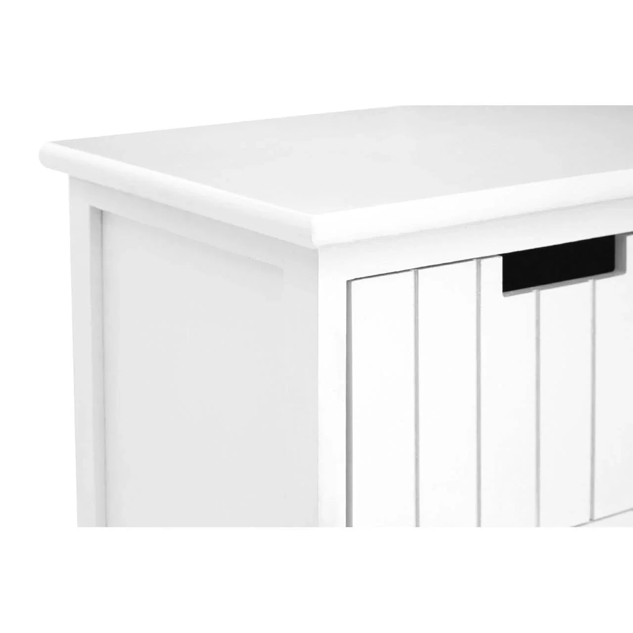 White wooden storage bench closeup with panelled sides and black handle cutout