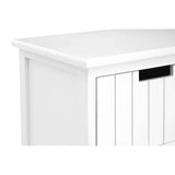White wooden storage bench closeup with panelled sides and black handle cutout