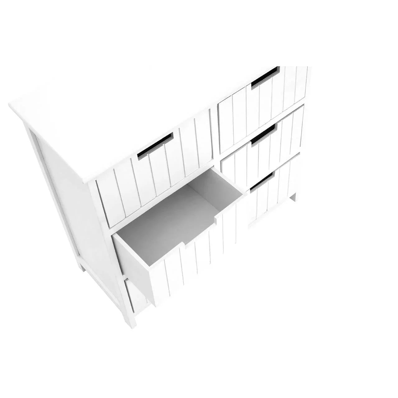 White wooden chest of drawers with vertical panel design, top view, one drawer open