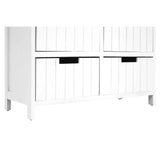 White wooden storage unit with vertical panel drawers and black handles, close-up view