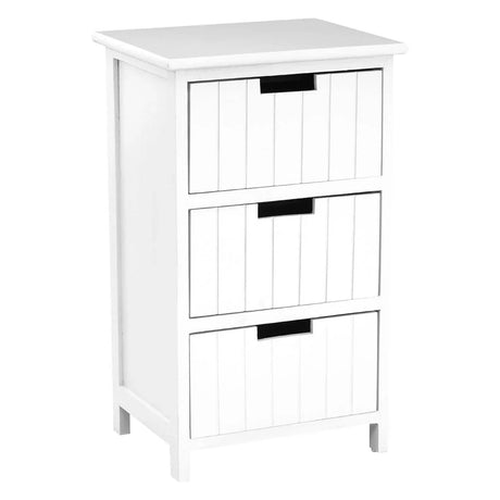 White wooden chest of drawers with three vertical panel drawers and black handles