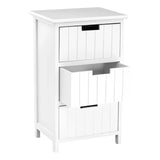White wooden bedside cabinet with three drawers, middle drawer partially open