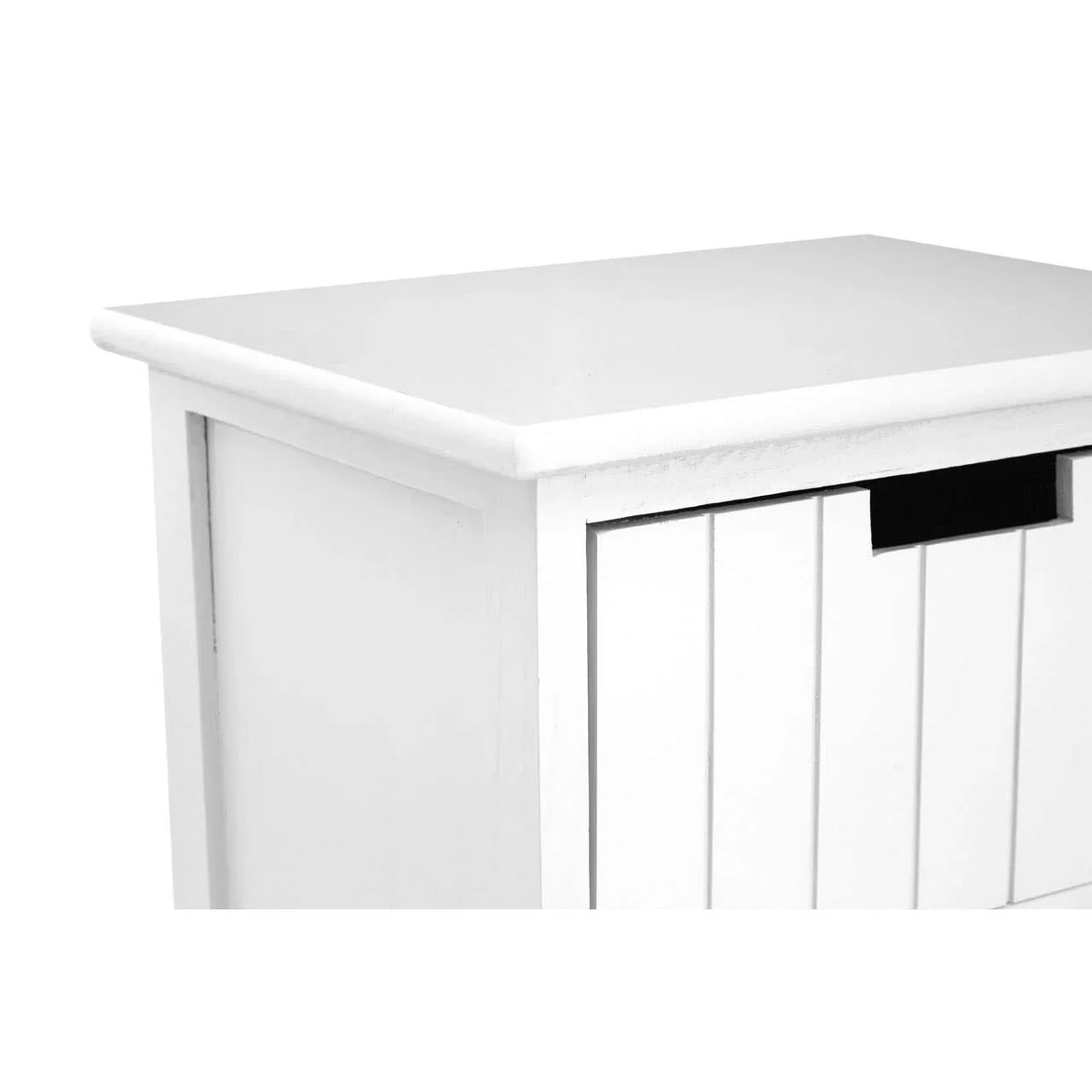 White wooden storage unit with panelled sides and smooth top, close-up view