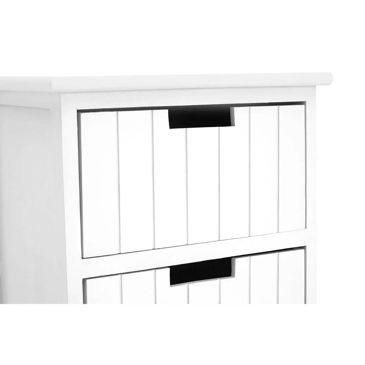 White wooden storage unit with vertical slatted drawers and cut-out handles, side angle view