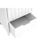 White wooden storage cabinet with open lower drawer and vertical panel detailing