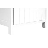 White wooden bed frame footboard with vertical panel detailing and leg corner view