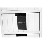 White wooden storage drawers with vertical panel detail and black Premier Interiors tag
