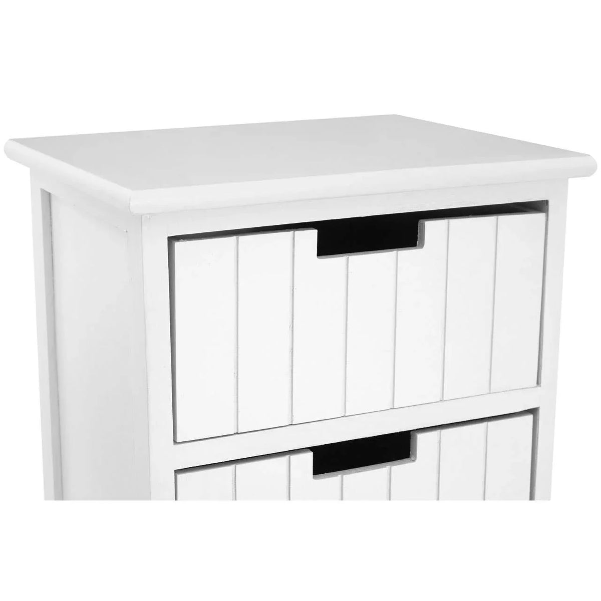 White wooden chest of drawers with vertical panel detail and cutout handles, close up view