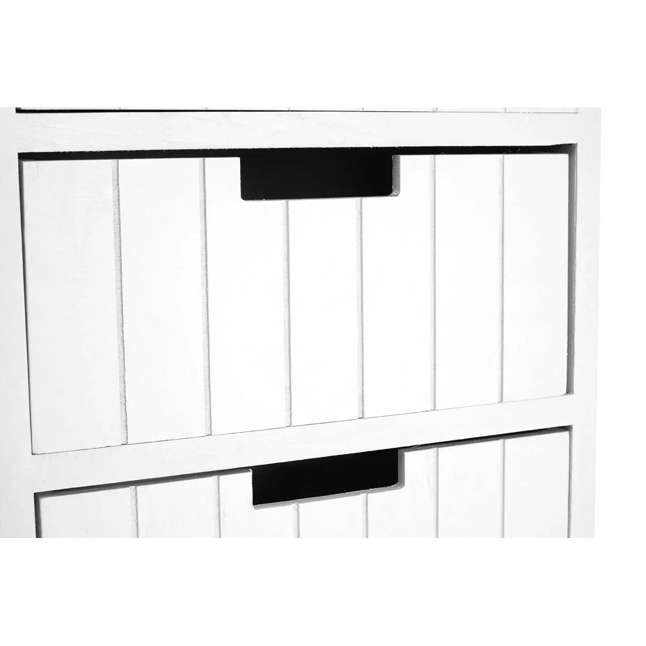 White wooden chest of drawers with vertical panel detail and cutout handles