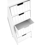 White wooden chest of drawers with vertical panel design and open middle drawer