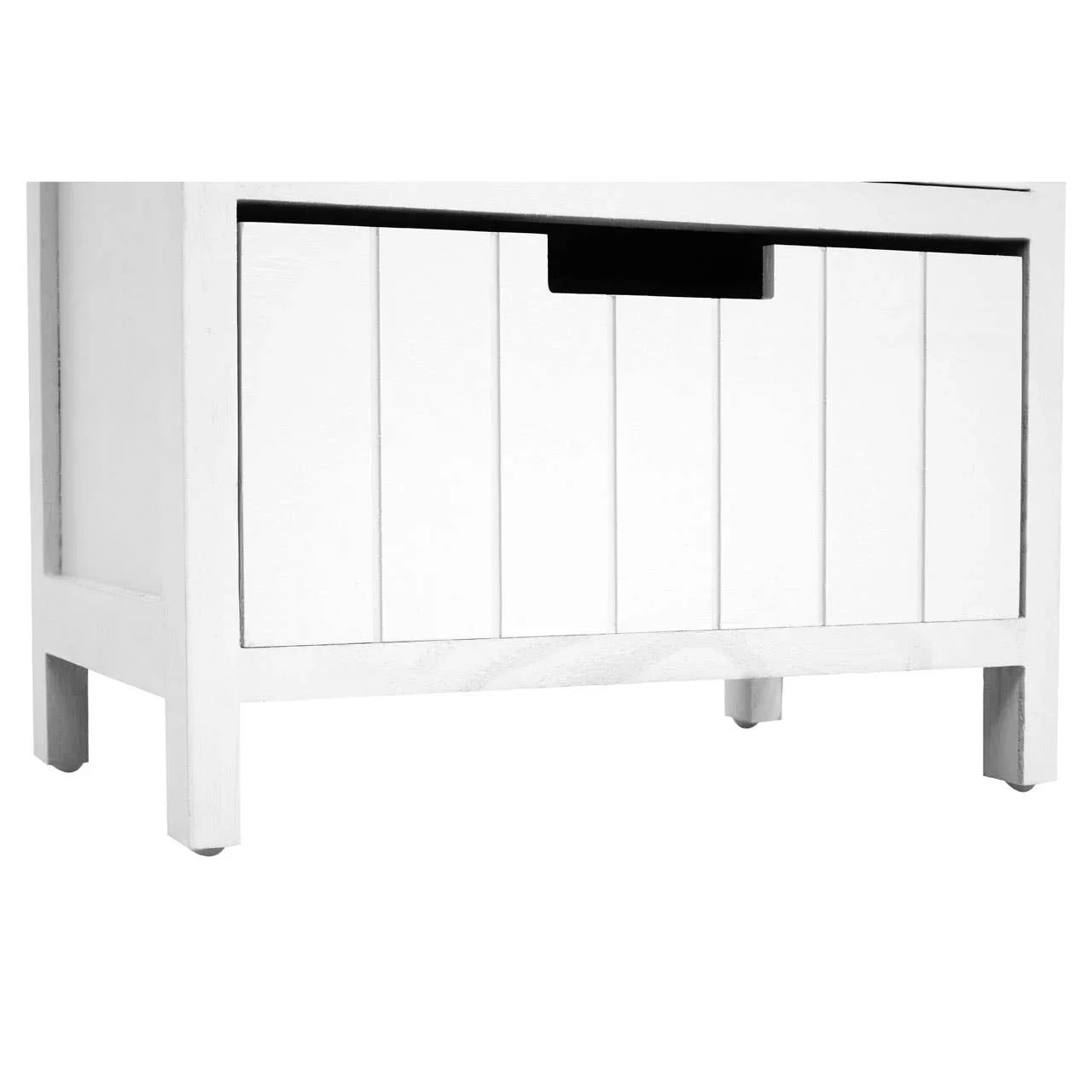 White wooden storage bench with panelled front and cut-out handle, partial side view