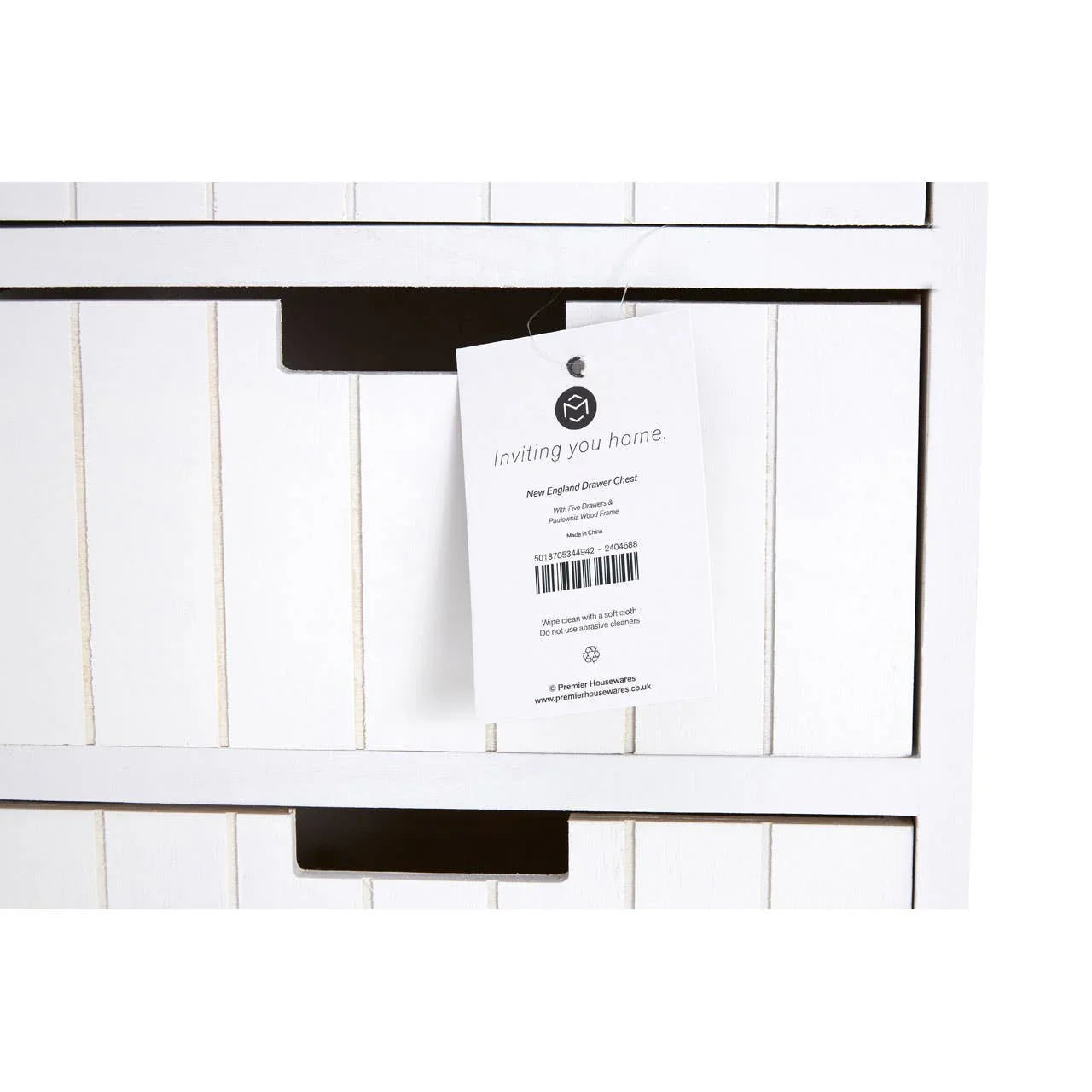 White New England drawer chest with modern inset handles and product tag close-up