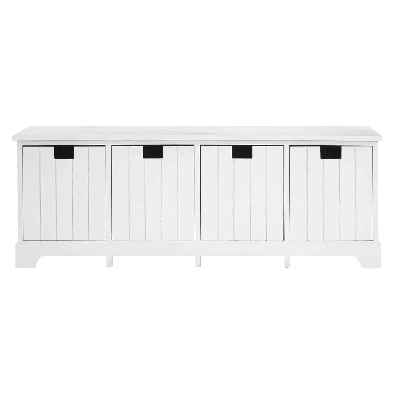 White wooden storage bench with four panelled compartments and black handles, front view