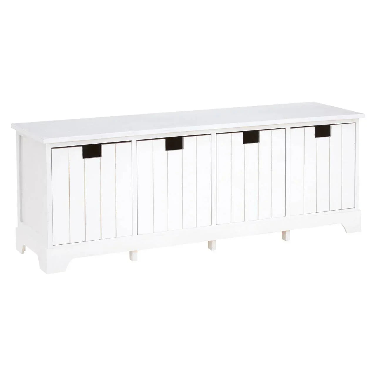 White storage bench with four paneled doors and cutout handles, front view