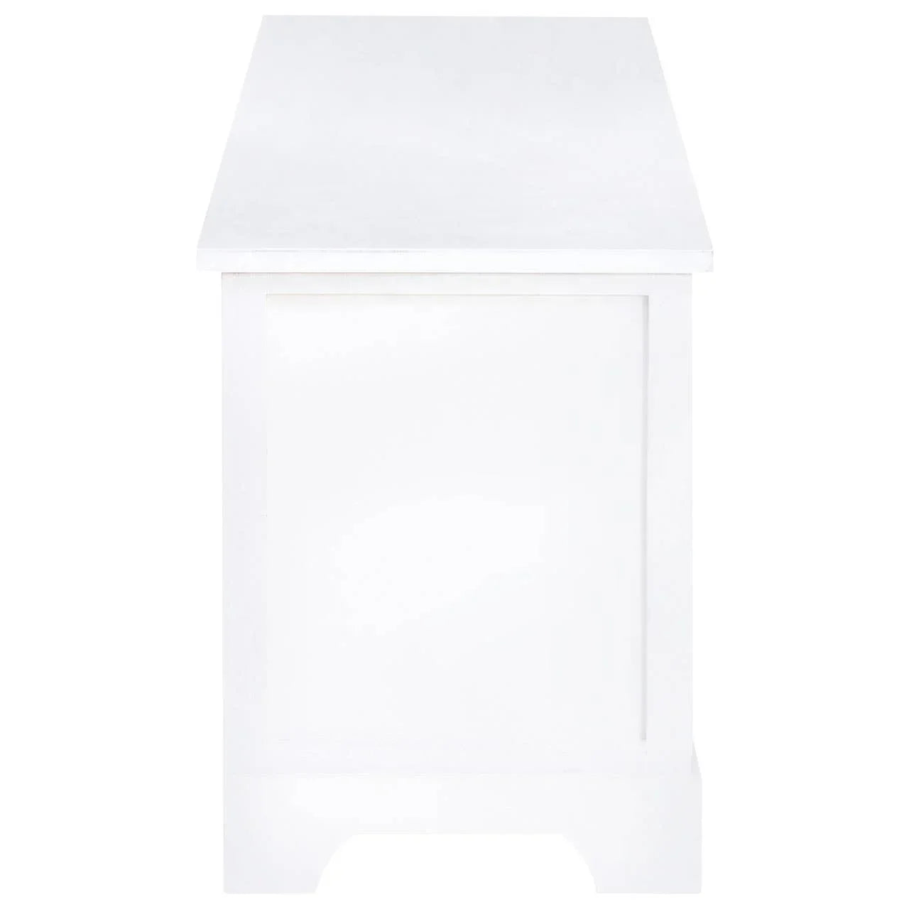 Side view of white wooden storage bench with panel detail