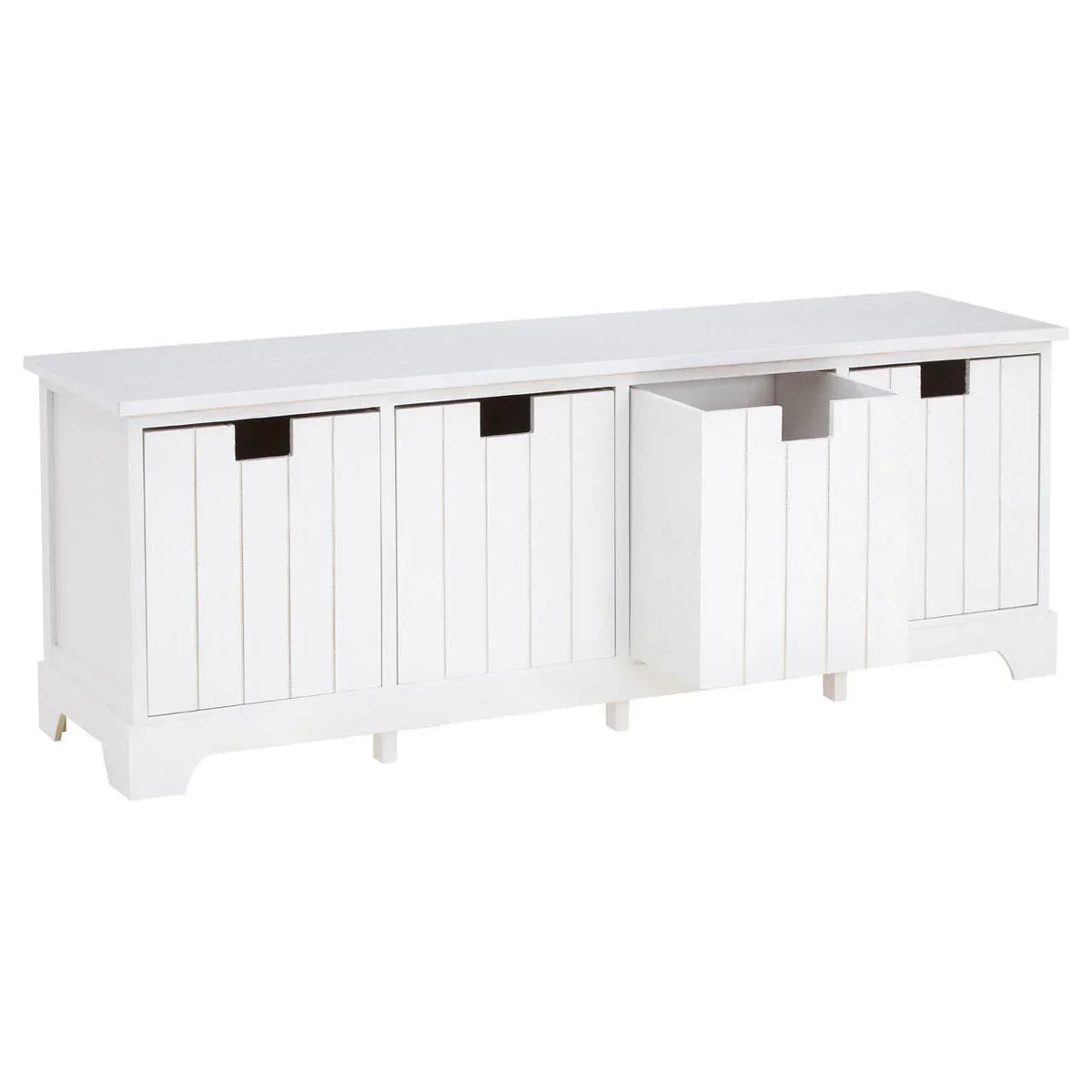 White wooden storage bench with three pull-out drawers, front-facing view