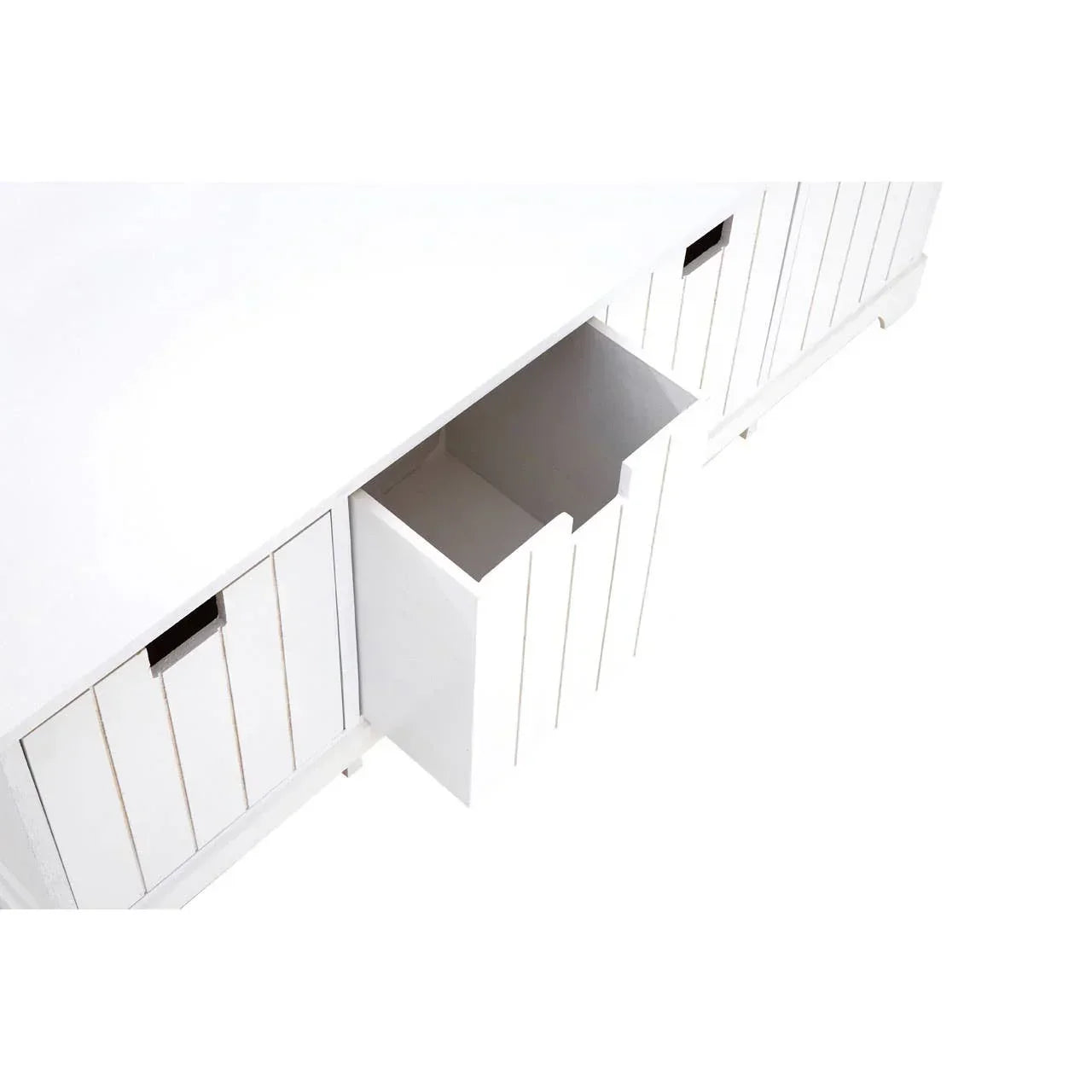 White wood storage bench with slatted front and open pull-out drawer