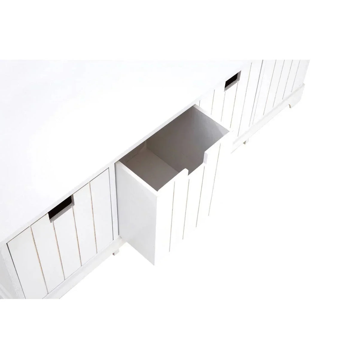 White wood storage bench with slatted front and open pull-out drawer