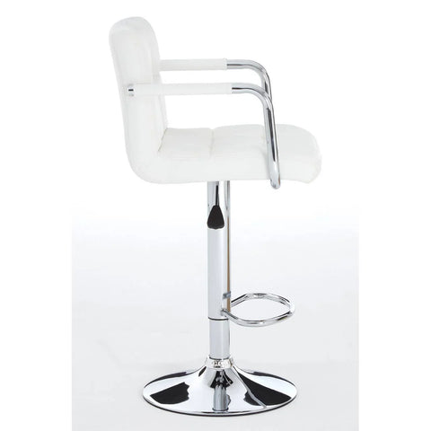 White faux leather bar stool with chrome base and footrest, side profile view
