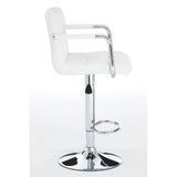 White faux leather bar stool with chrome base and footrest, side profile view