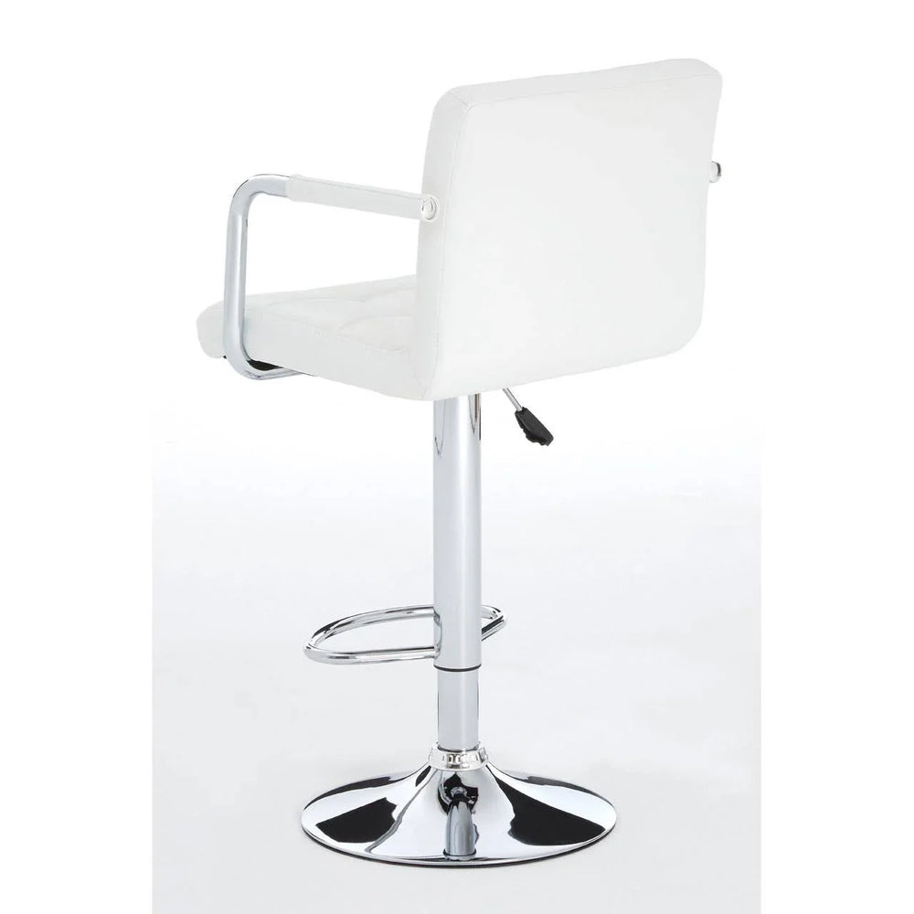 White bar stool with chrome base, armrests, height adjustment and footrest, rear view