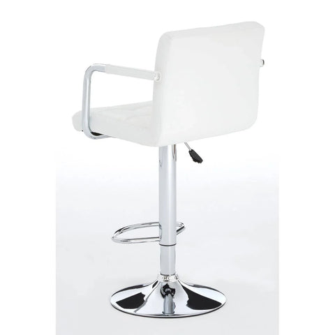 White bar stool with chrome base, armrests, height adjustment and footrest, rear view