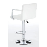 White bar stool with chrome base, armrests, height adjustment and footrest, rear view