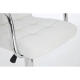 White leather office chair seat with chrome armrest and quilted stitching detail