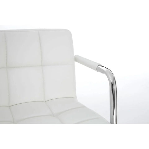 White leather dining chair with chrome metal arm detail and square stitched upholstery