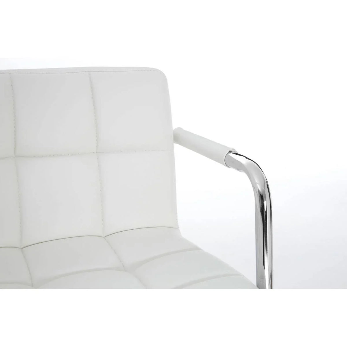 White leather dining chair with chrome metal arm detail and square stitched upholstery