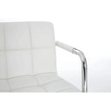 White leather dining chair with chrome metal arm detail and square stitched upholstery