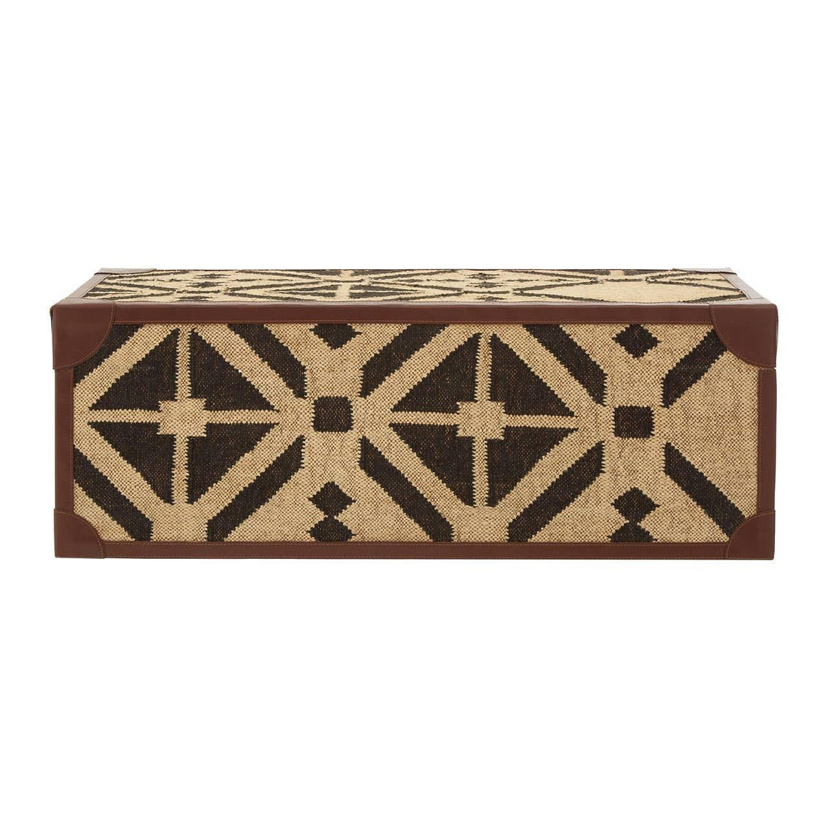 Rectangular storage trunk with geometric black and beige woven pattern and brown corner accents