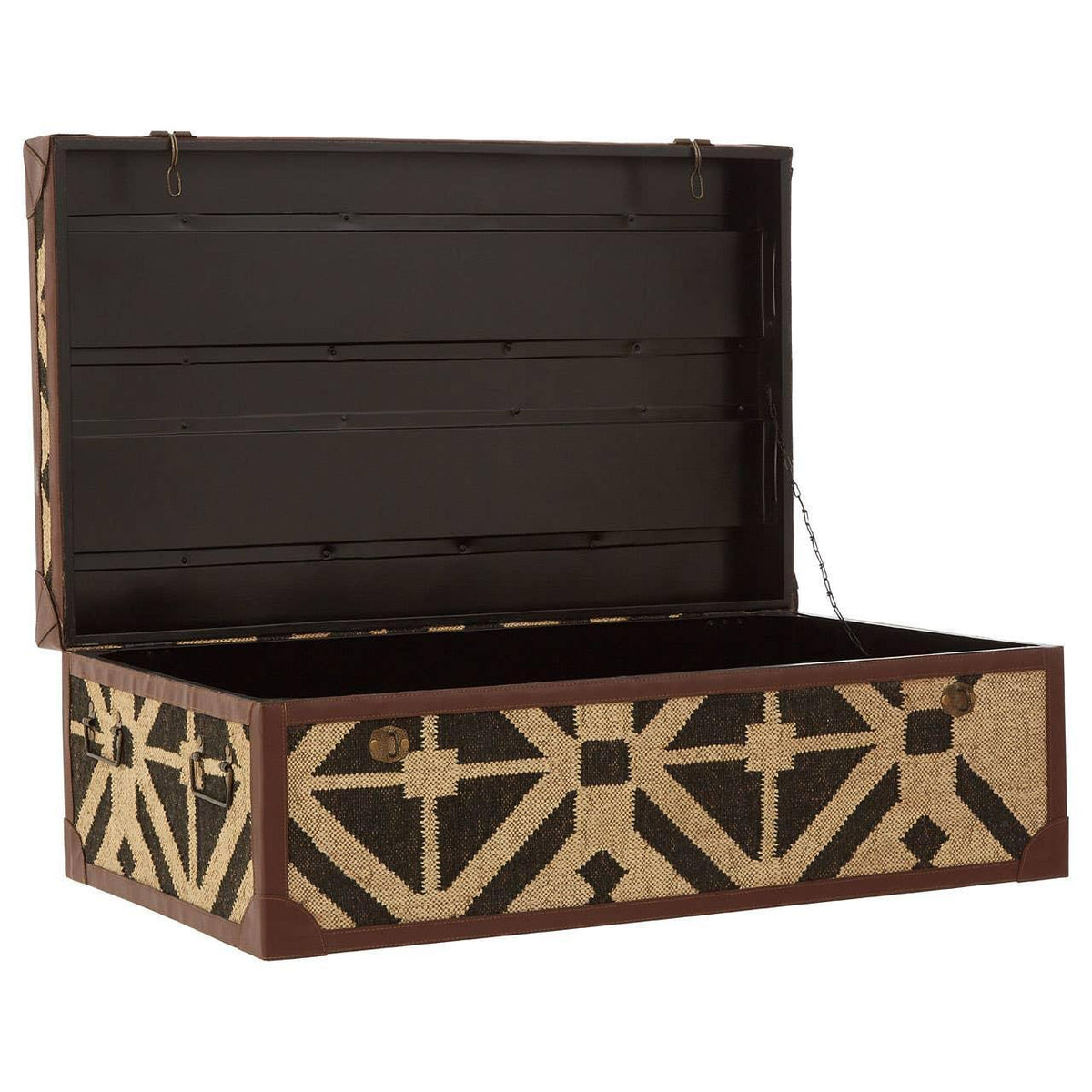 Patterned storage trunk with open lid, geometric woven design and brown trim details