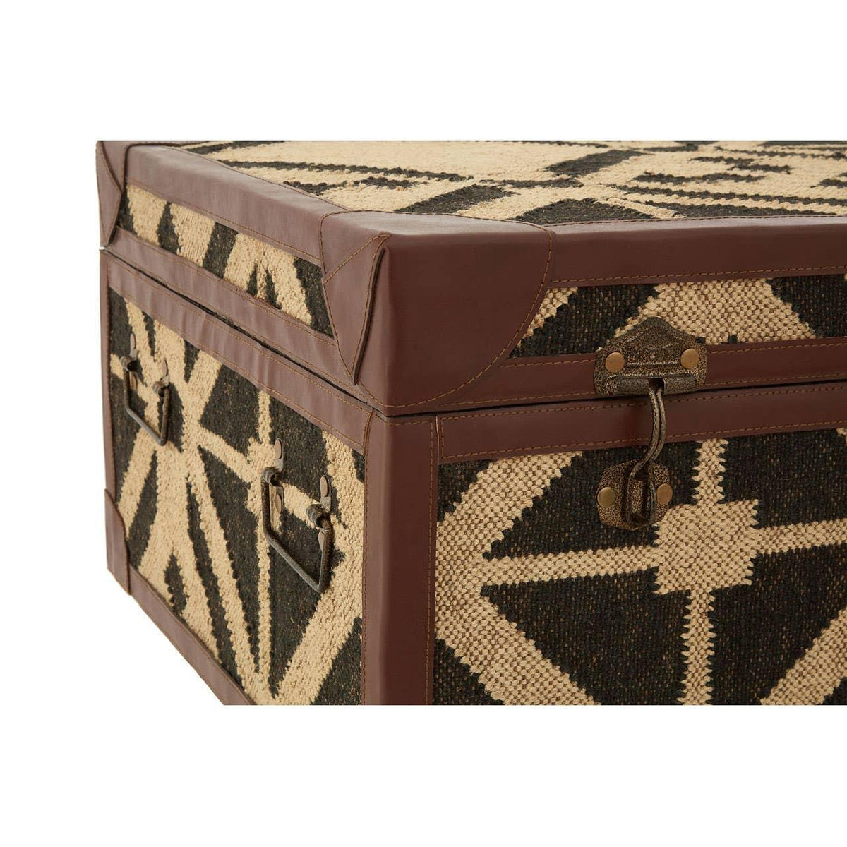 Geometric storage trunk with woven pattern, brown leather trim, and metal side handles
