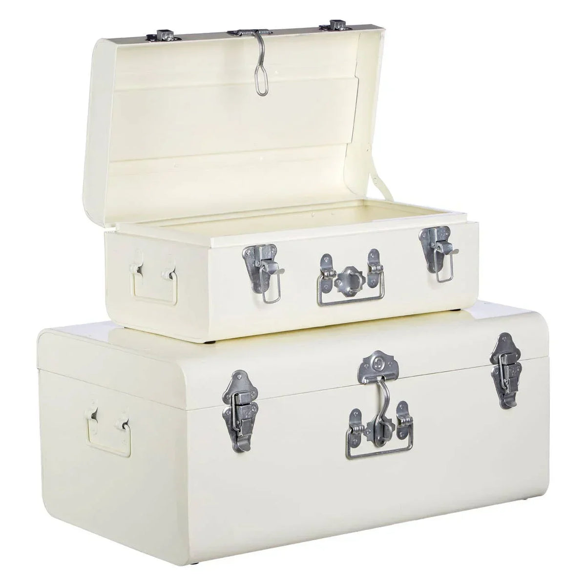 Set of two cream metal storage trunks with chrome handles and clasps, one open, one closed