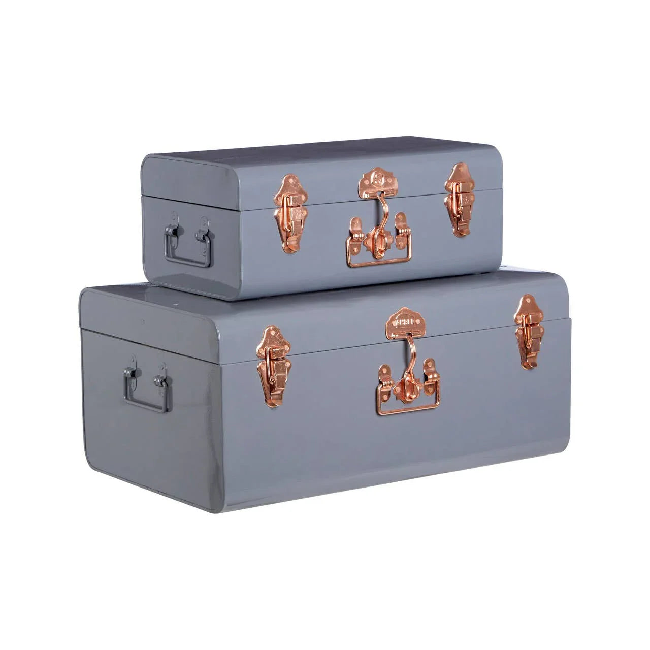 Set of two grey metal storage trunks with copper latches and side handles, stacked together