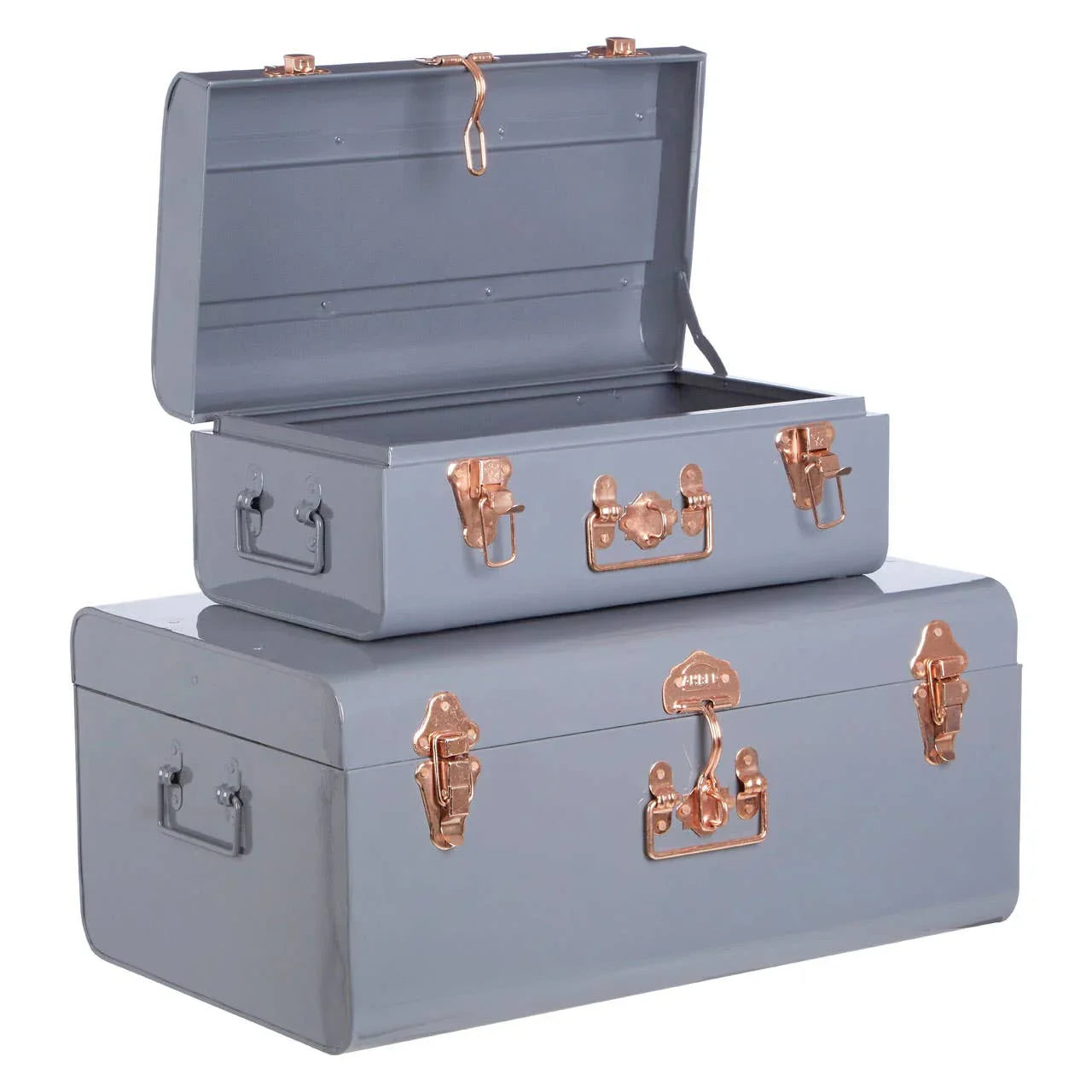 Set of two grey metal storage trunks with rose gold latches, one open, one closed