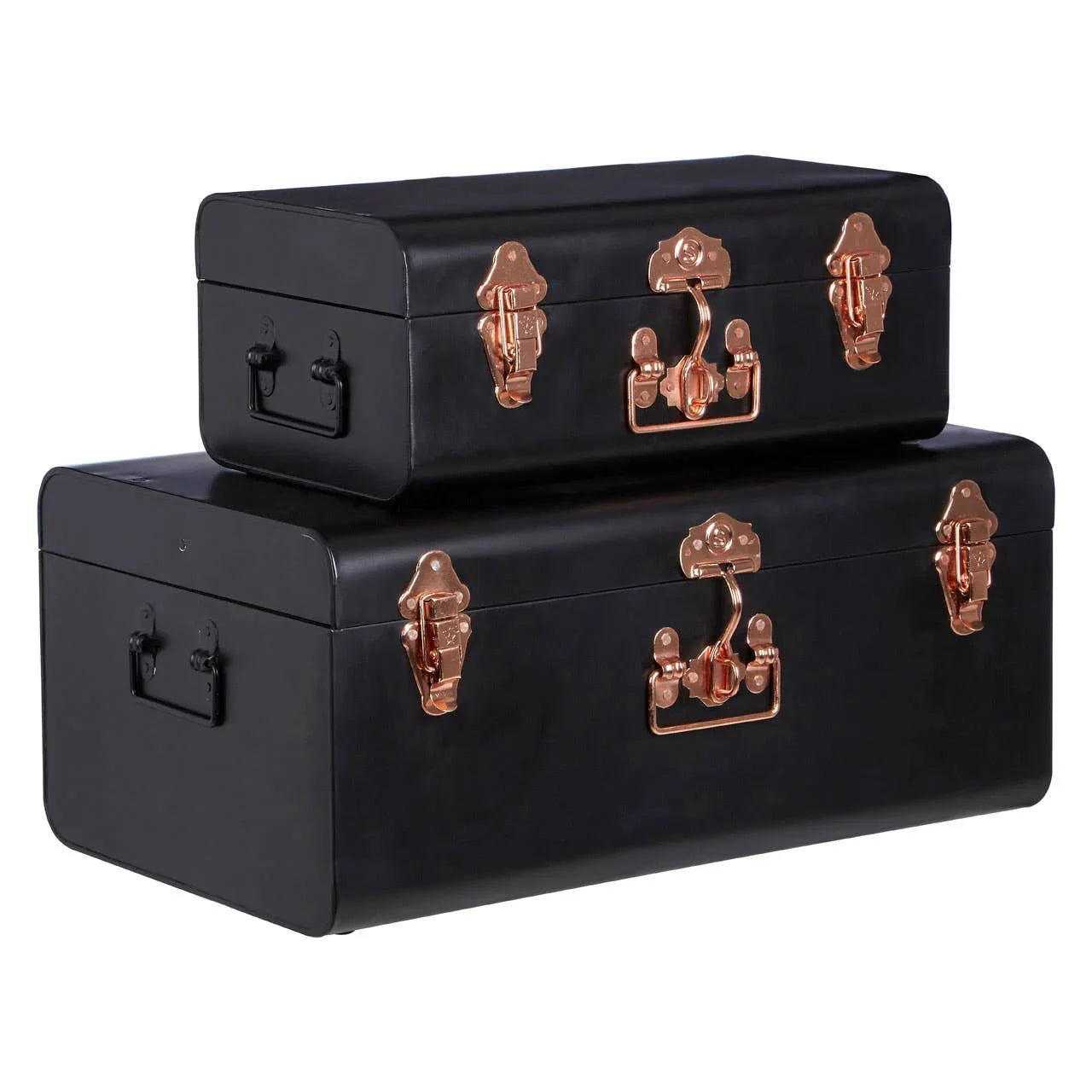 Set of two black storage trunks with rose gold metal handles and latches