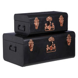 Set of two black storage trunks with rose gold metal handles and latches
