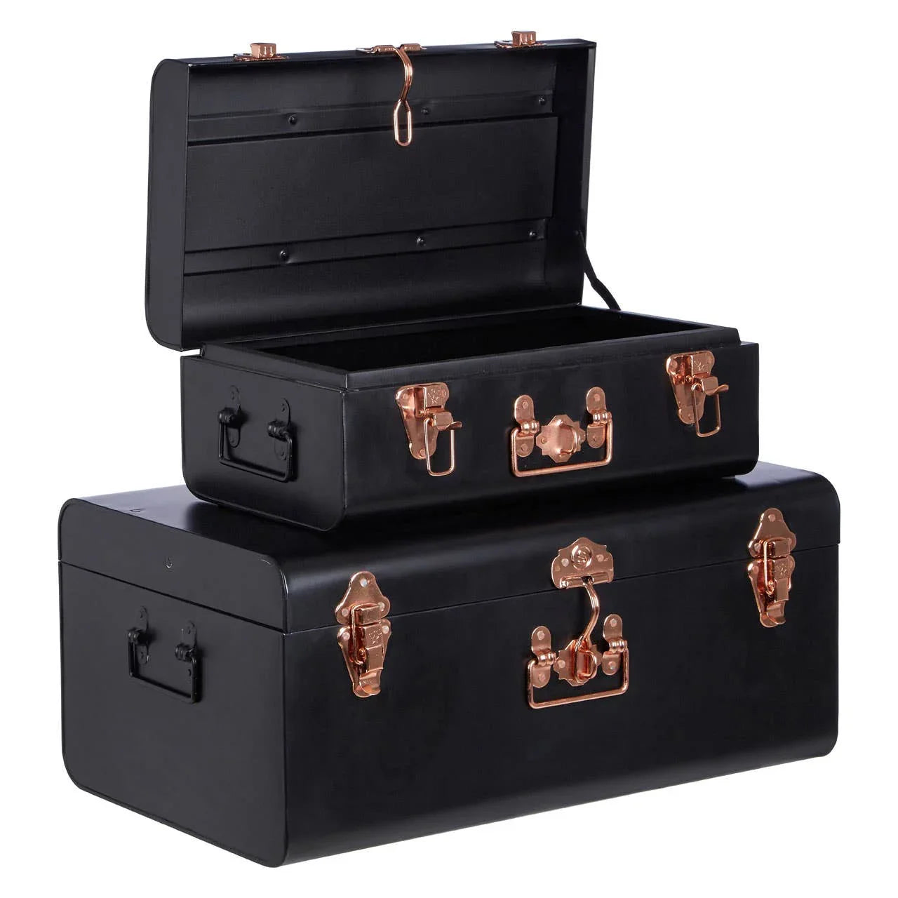 Set of two black metal storage trunks with copper handles and latches, one open, one closed